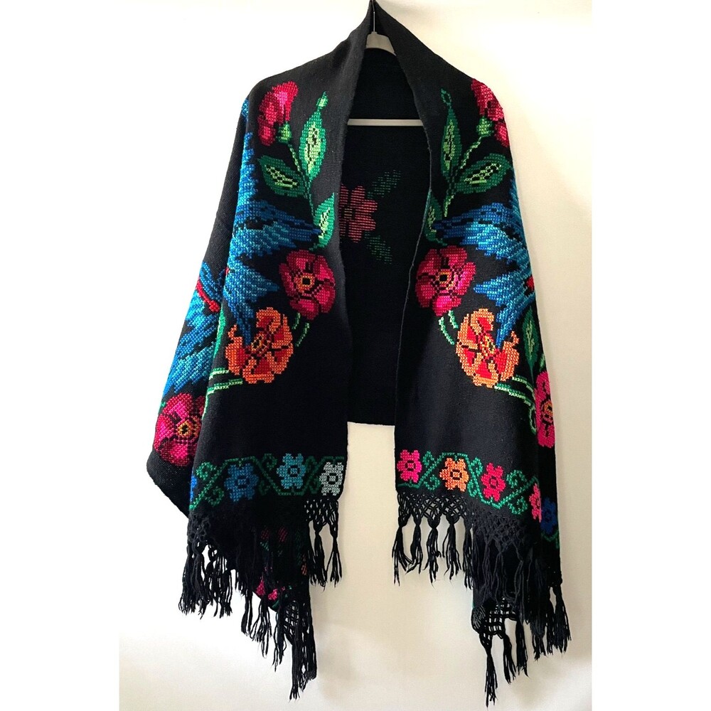 Embroidered Shawl Wrap Black Floral Bird Folk Art Fringe 30x82 Reversible